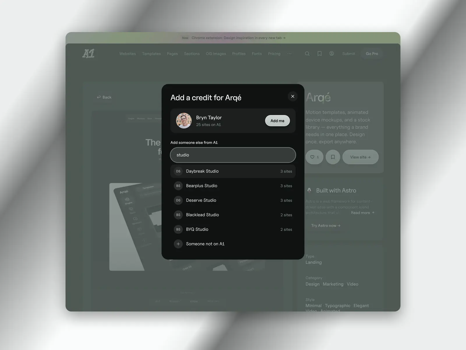 The Add a credit window, with your own profile and an Add me button above a search of designers and studios on A1