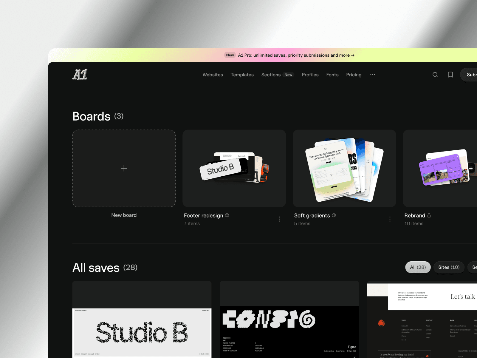 The boards view in A1, showing saved sites grouped into private and shared boards