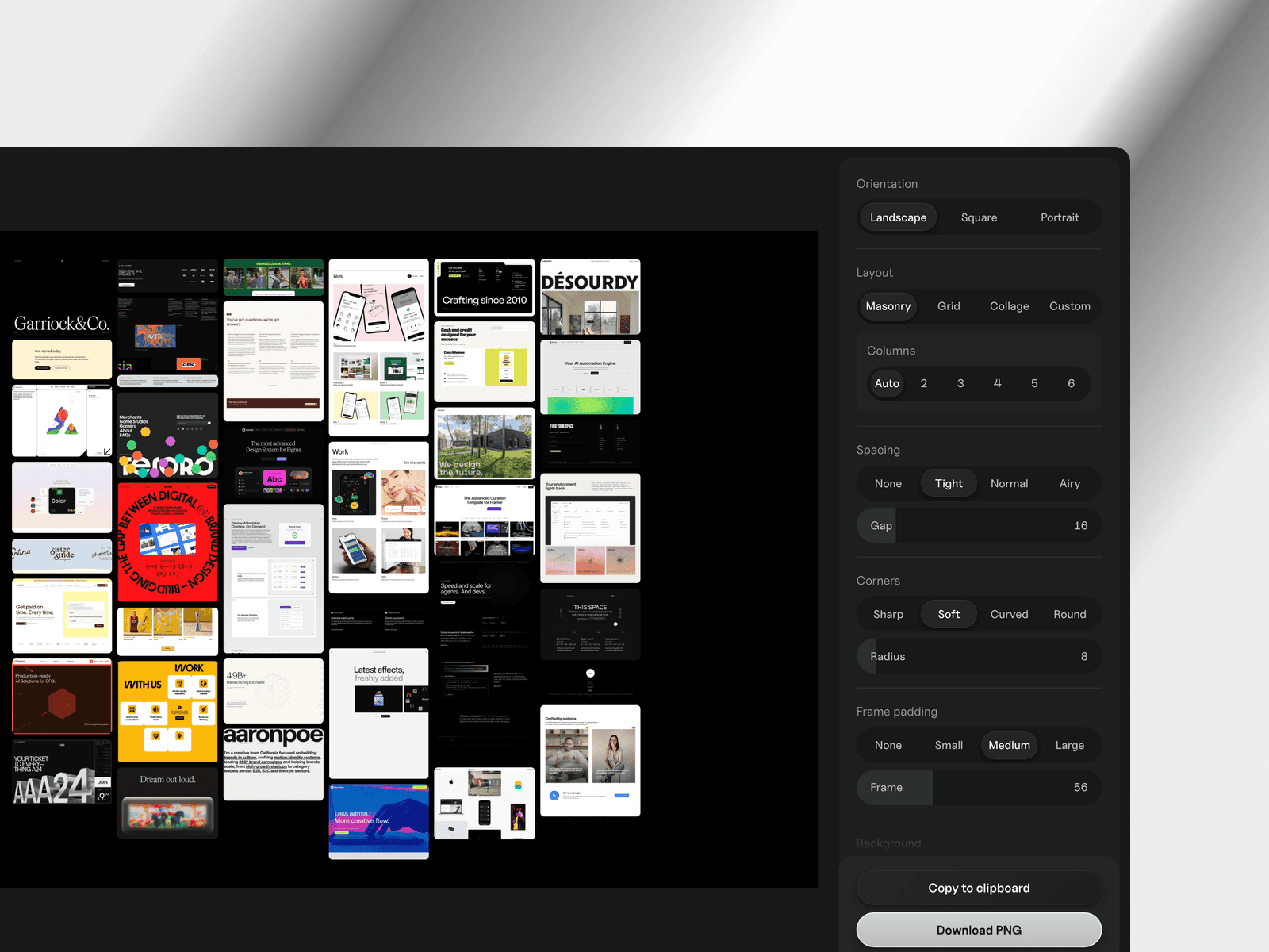 The moodboard editor in A1, with saved sites arranged into a board and layout controls alongside