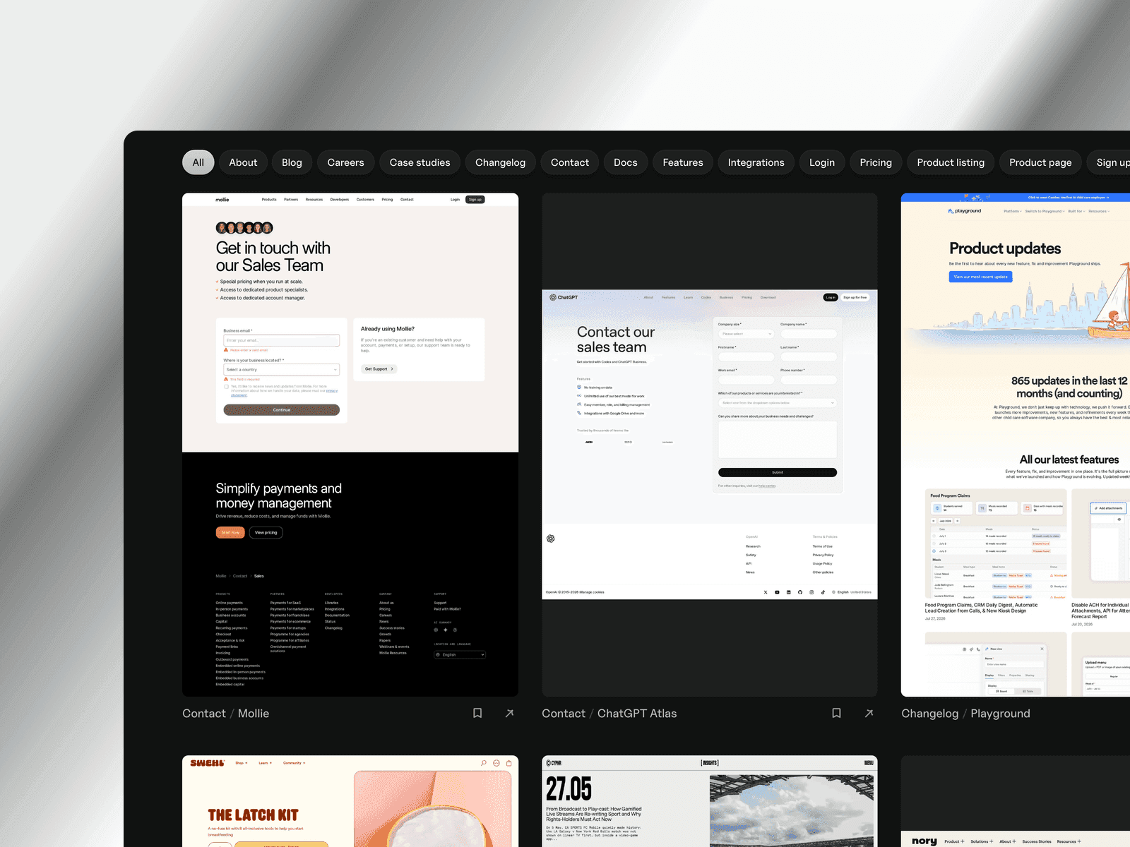 The pages grid in A1, with a type filter bar and contact, changelog and product pages from real sites