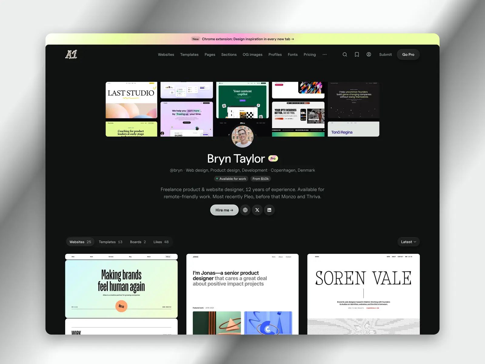 A designer’s profile on A1, with a cover, photo, name, what they do and a Hire me button above their websites