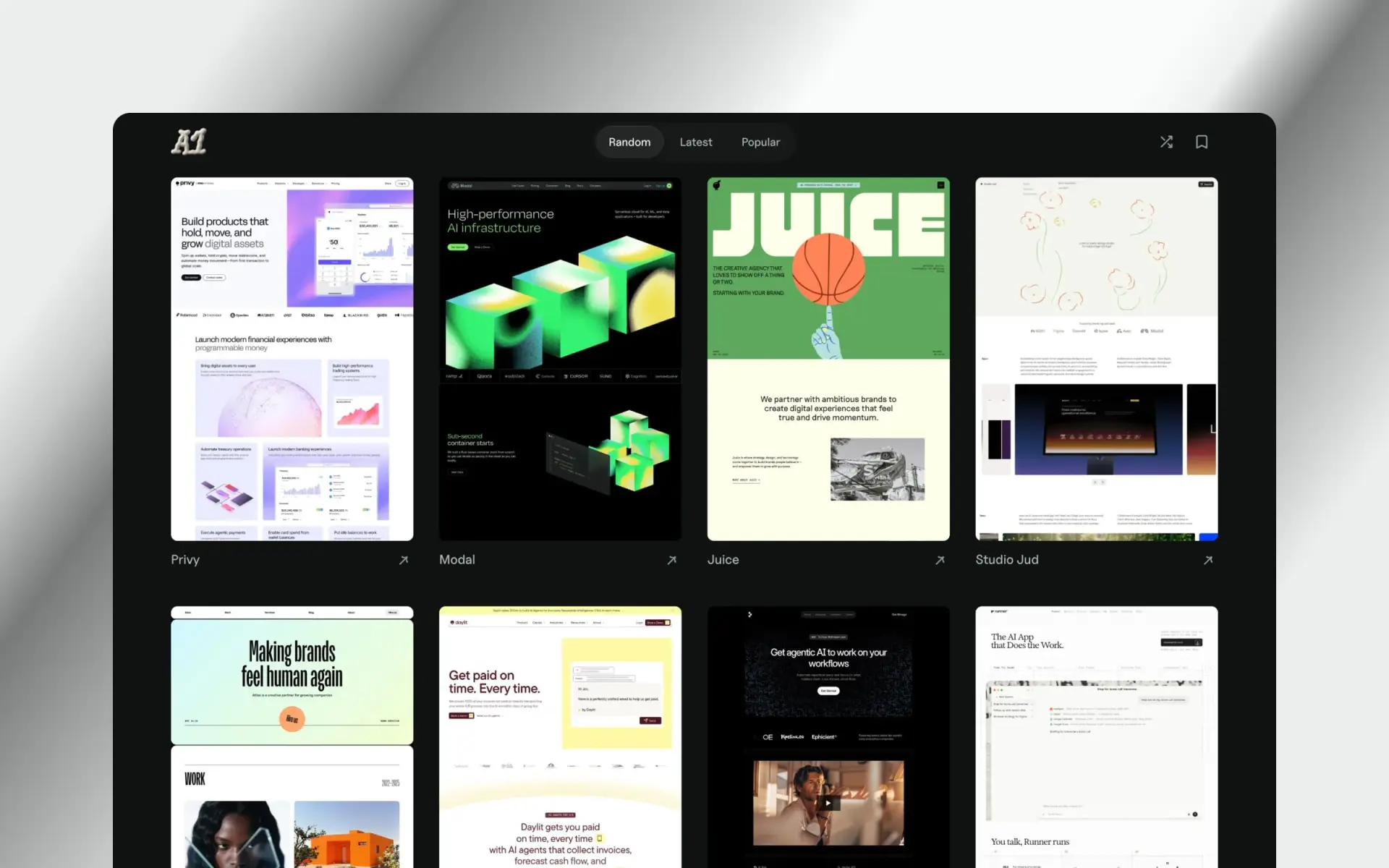 A new tab showing a grid of website screenshots from A1, with Random, Latest and Popular tabs across the top