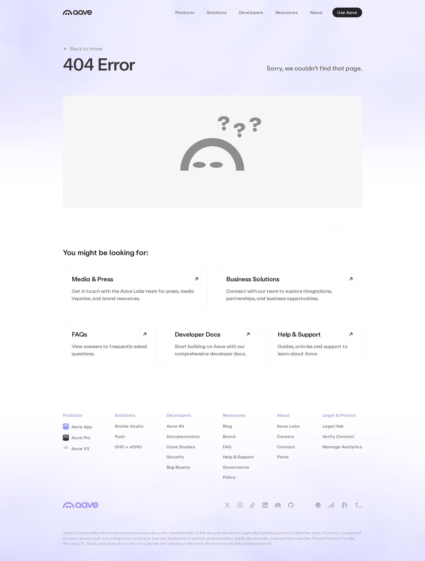 Aave — screenshot of the 404 page