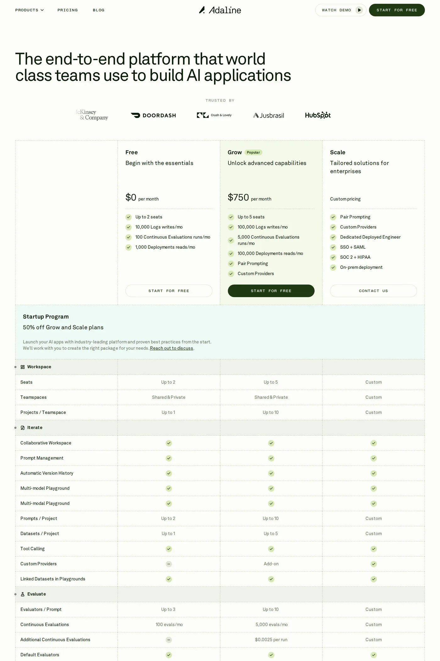 Adaline — screenshot of the pricing page