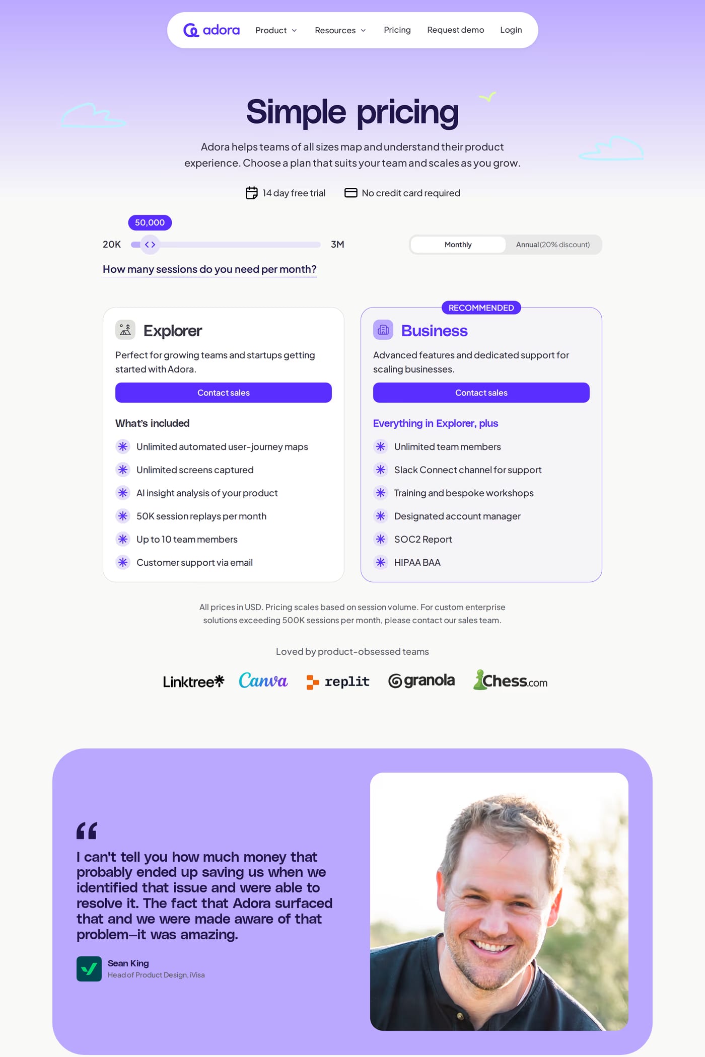 Adora pricing page