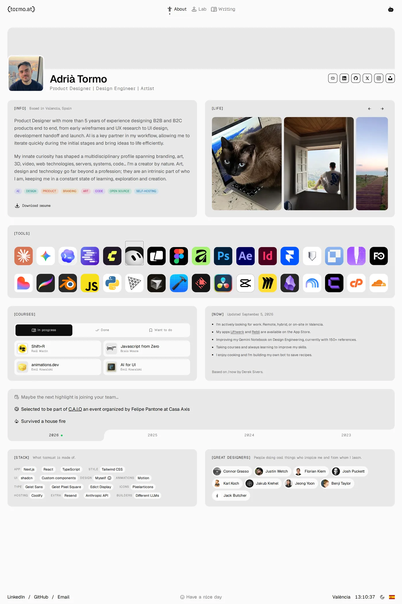 Adrià Tormo — screenshot of the about page