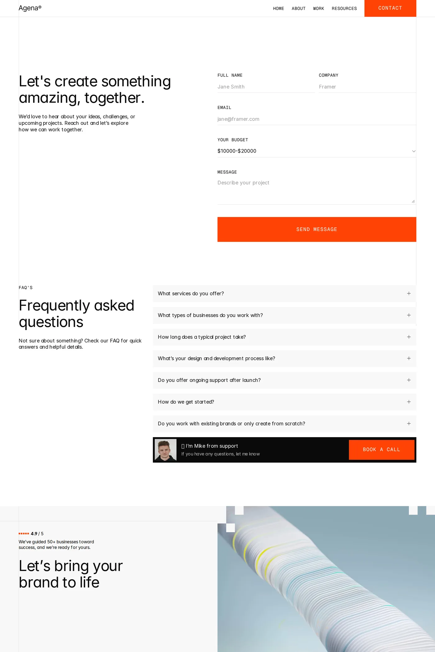 Agena — screenshot of the contact page
