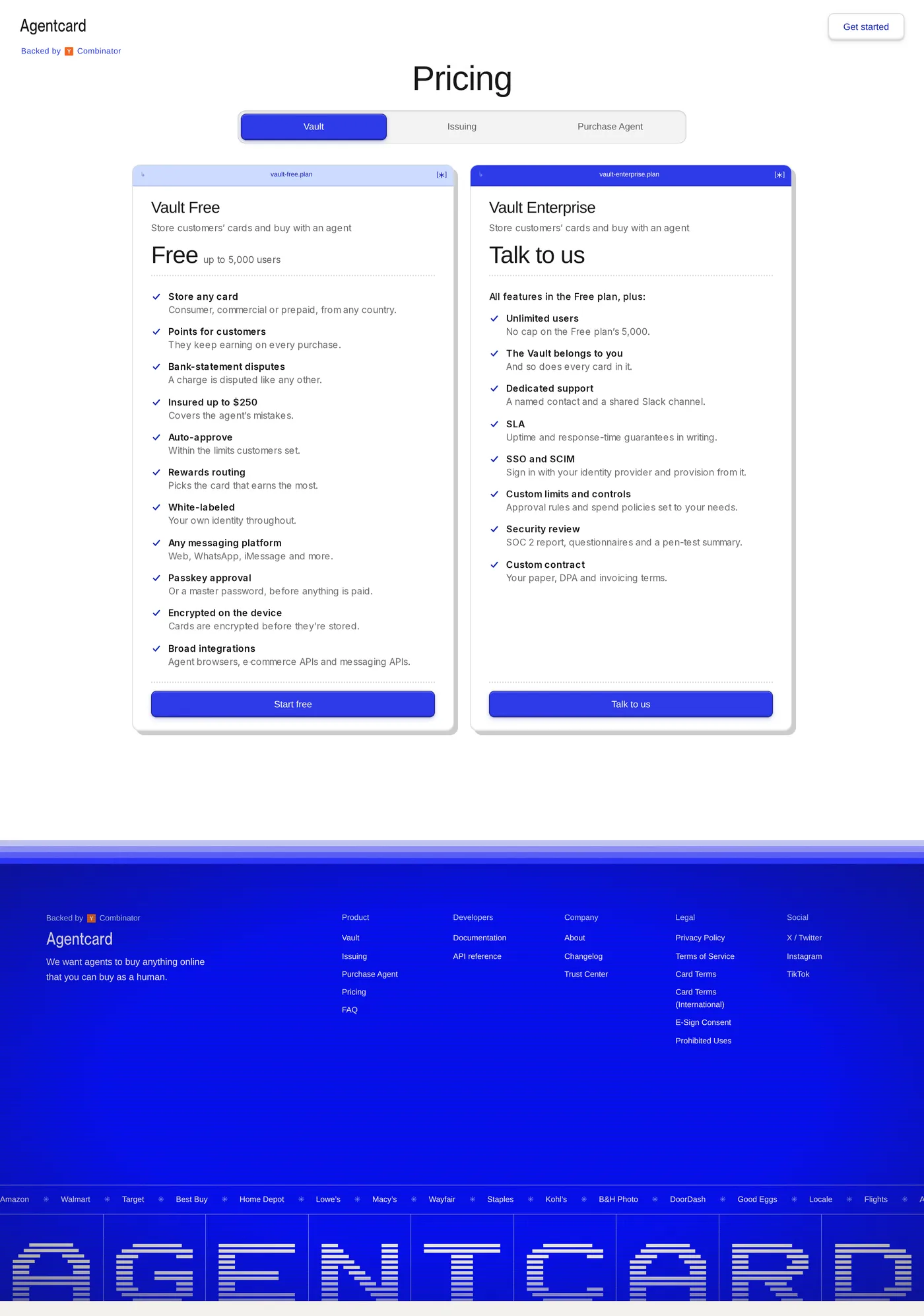 Agentcard — screenshot of the pricing page