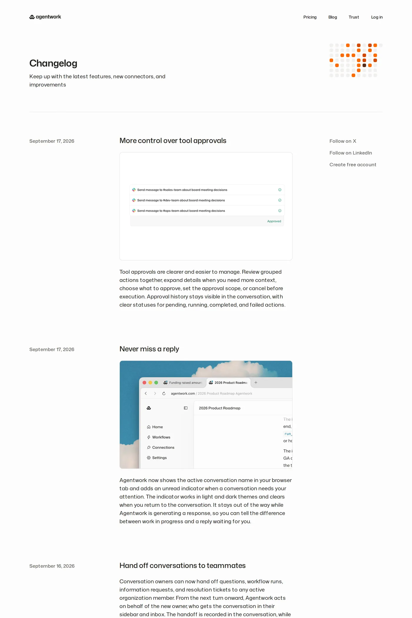 Agentwork — screenshot of the changelog page