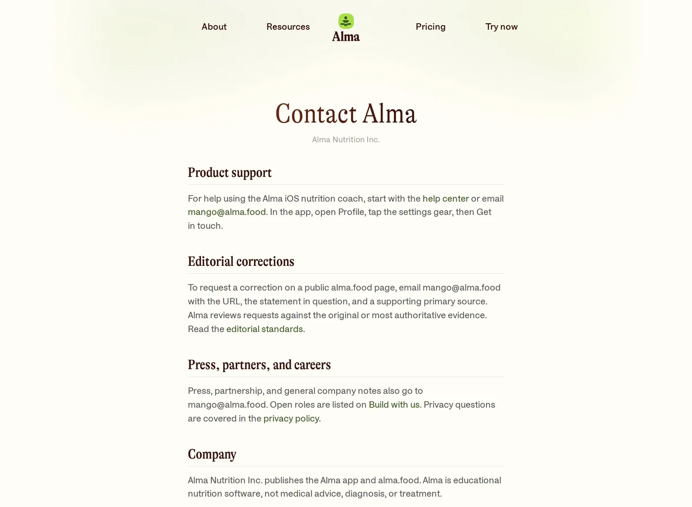 Alma — screenshot of the contact page