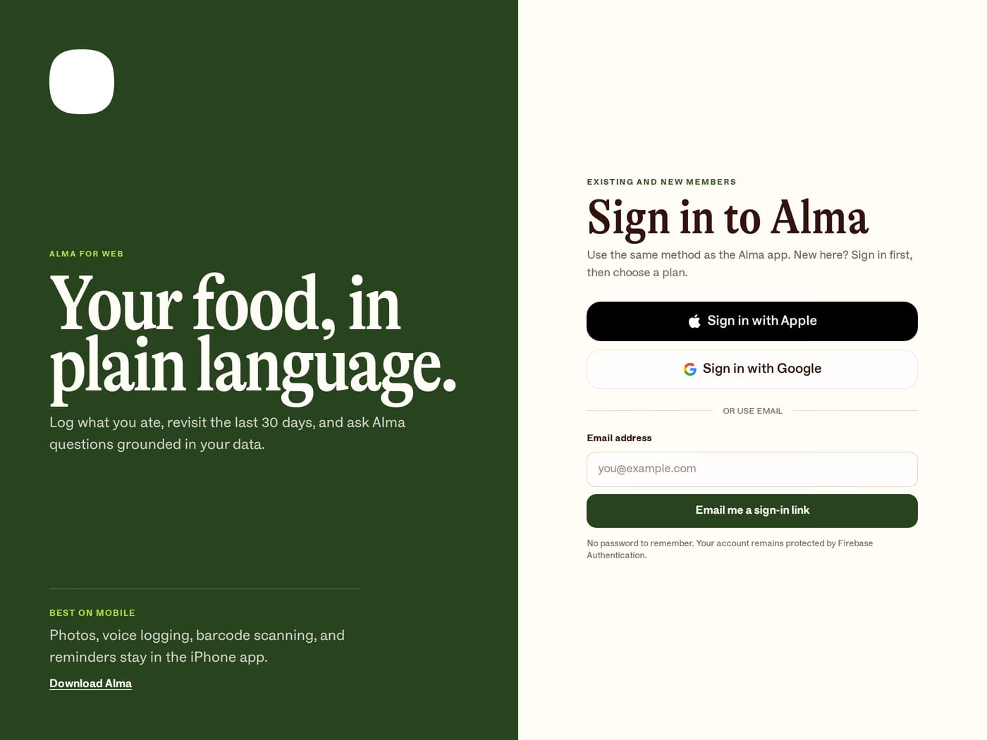Alma login page