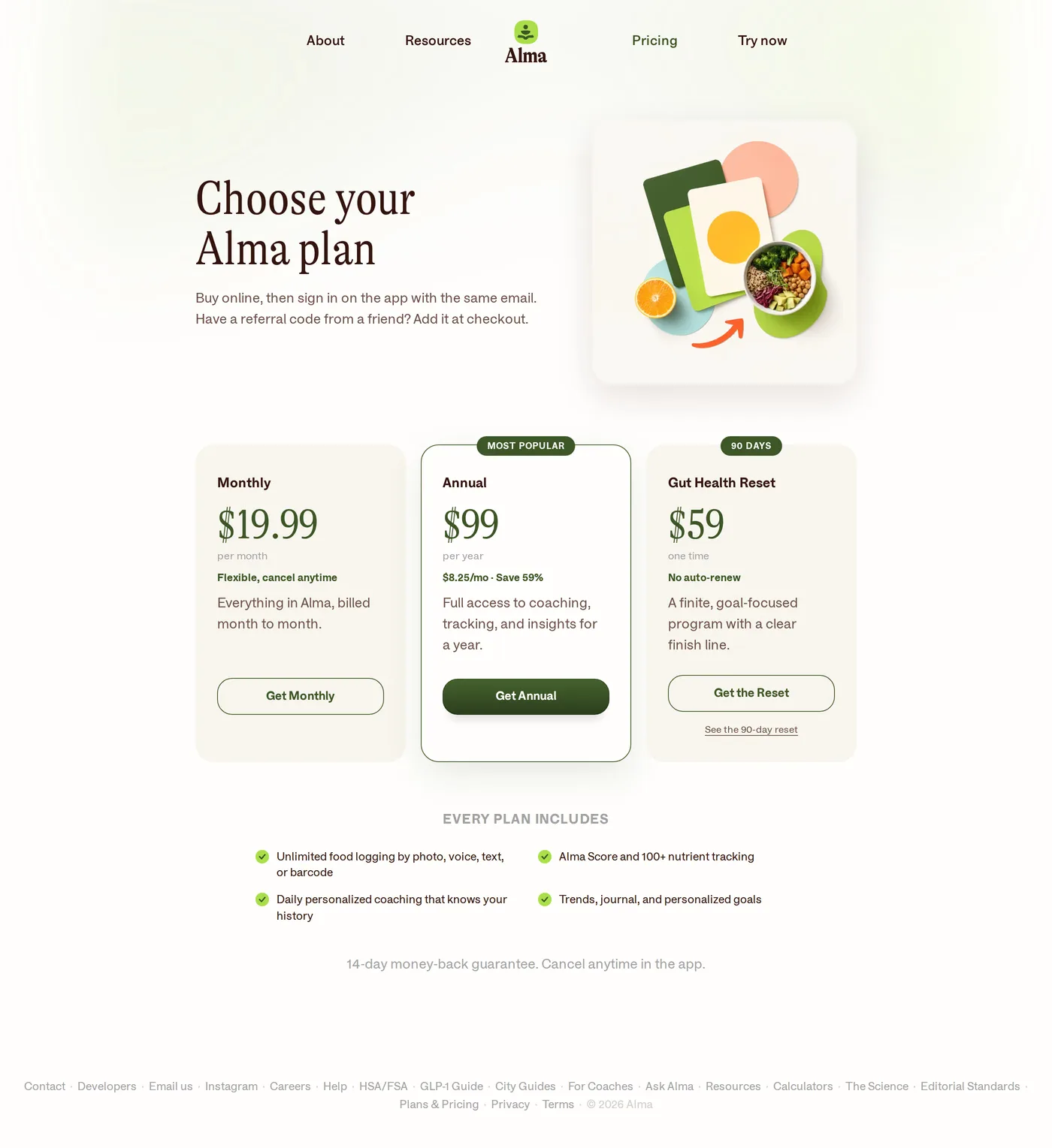 Alma — screenshot of the pricing page