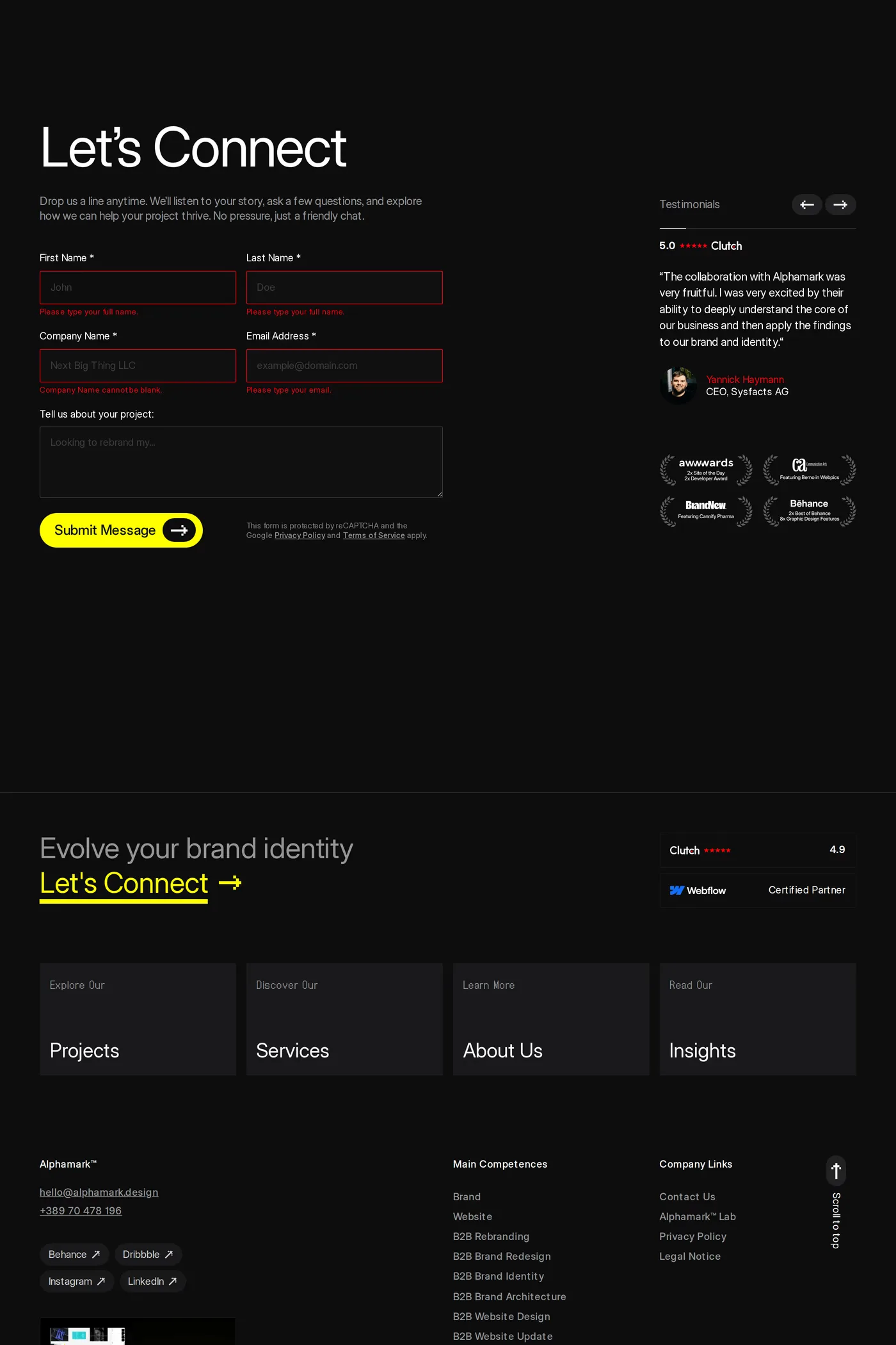 Alphamark — screenshot of the contact page