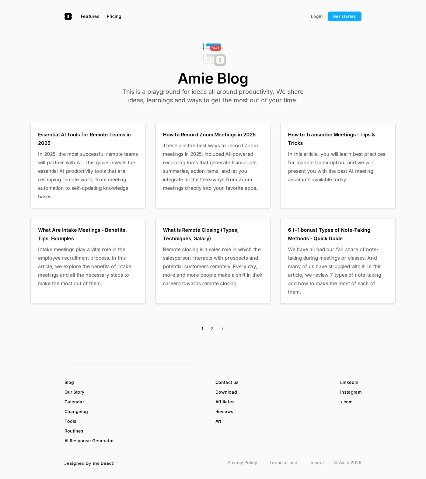 Amie — screenshot of the blog page