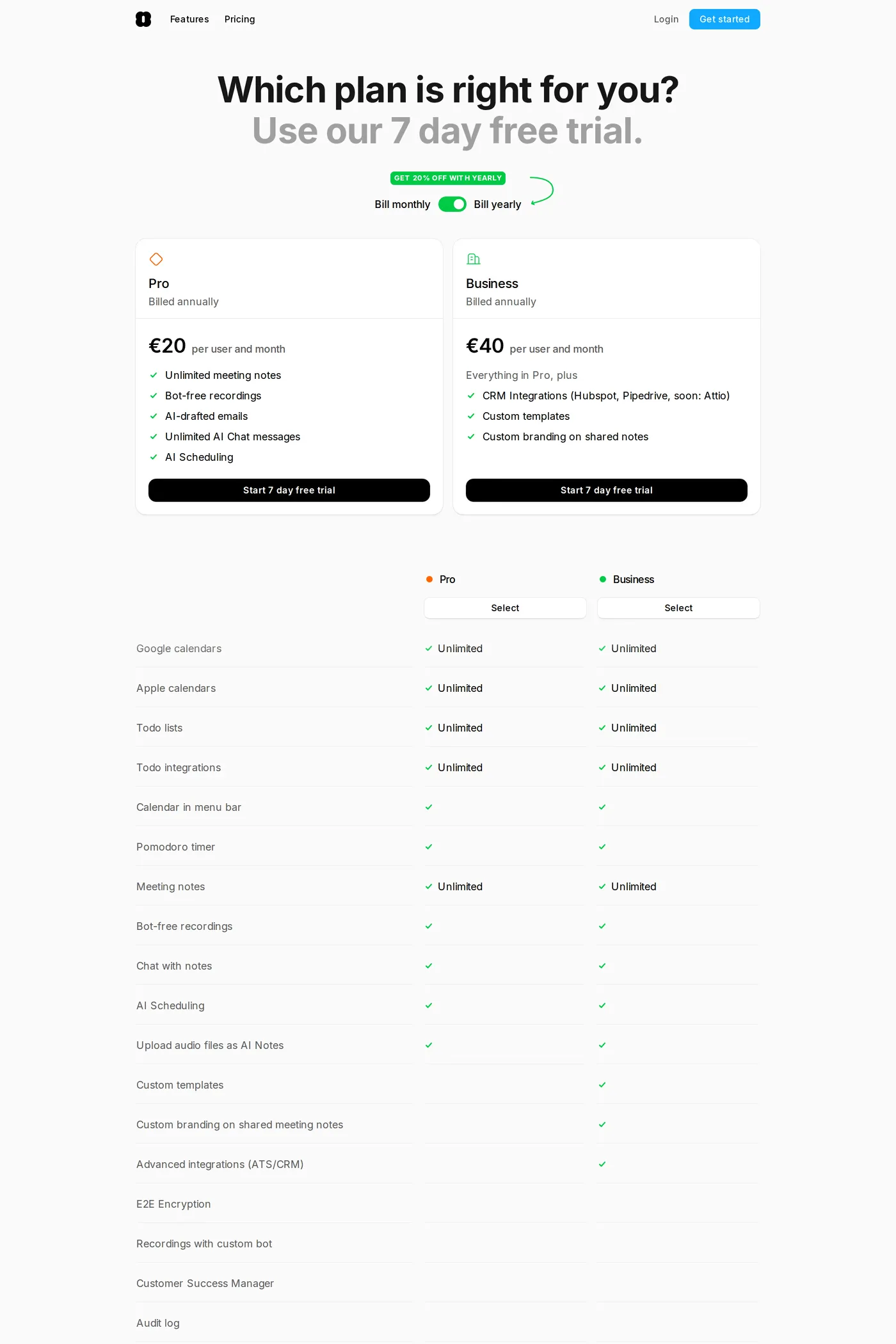 Amie — screenshot of the pricing page