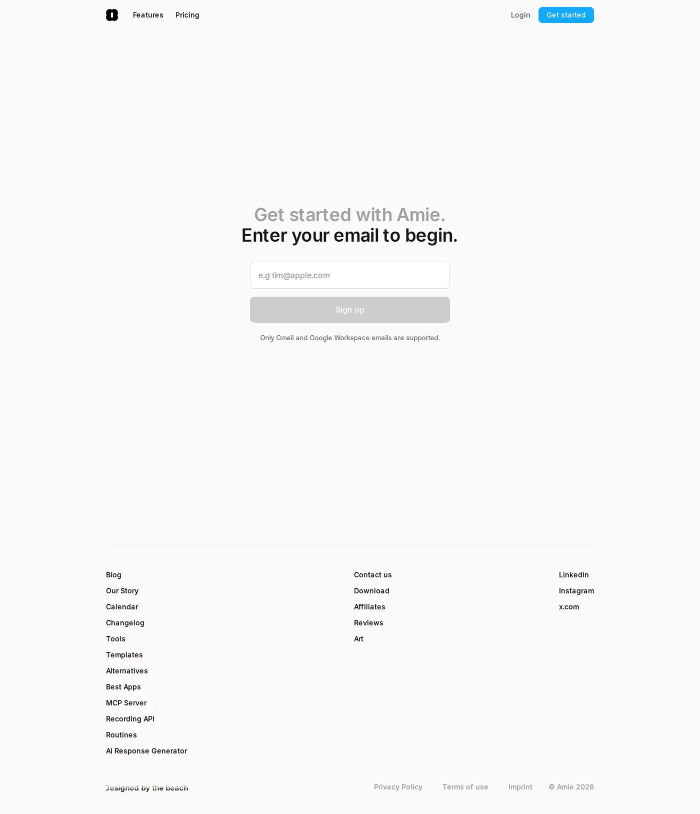 Amie — screenshot of the sign up page