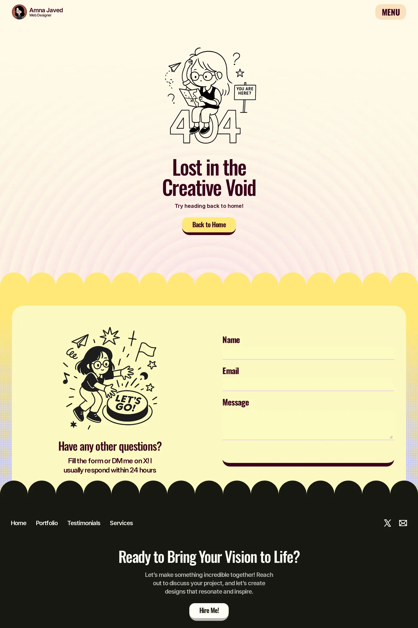 Amna Javed — screenshot of the 404 page