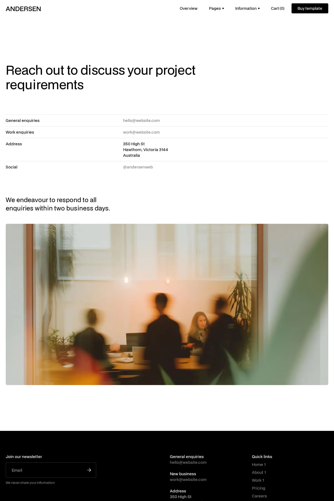 Andersen — screenshot of the contact page