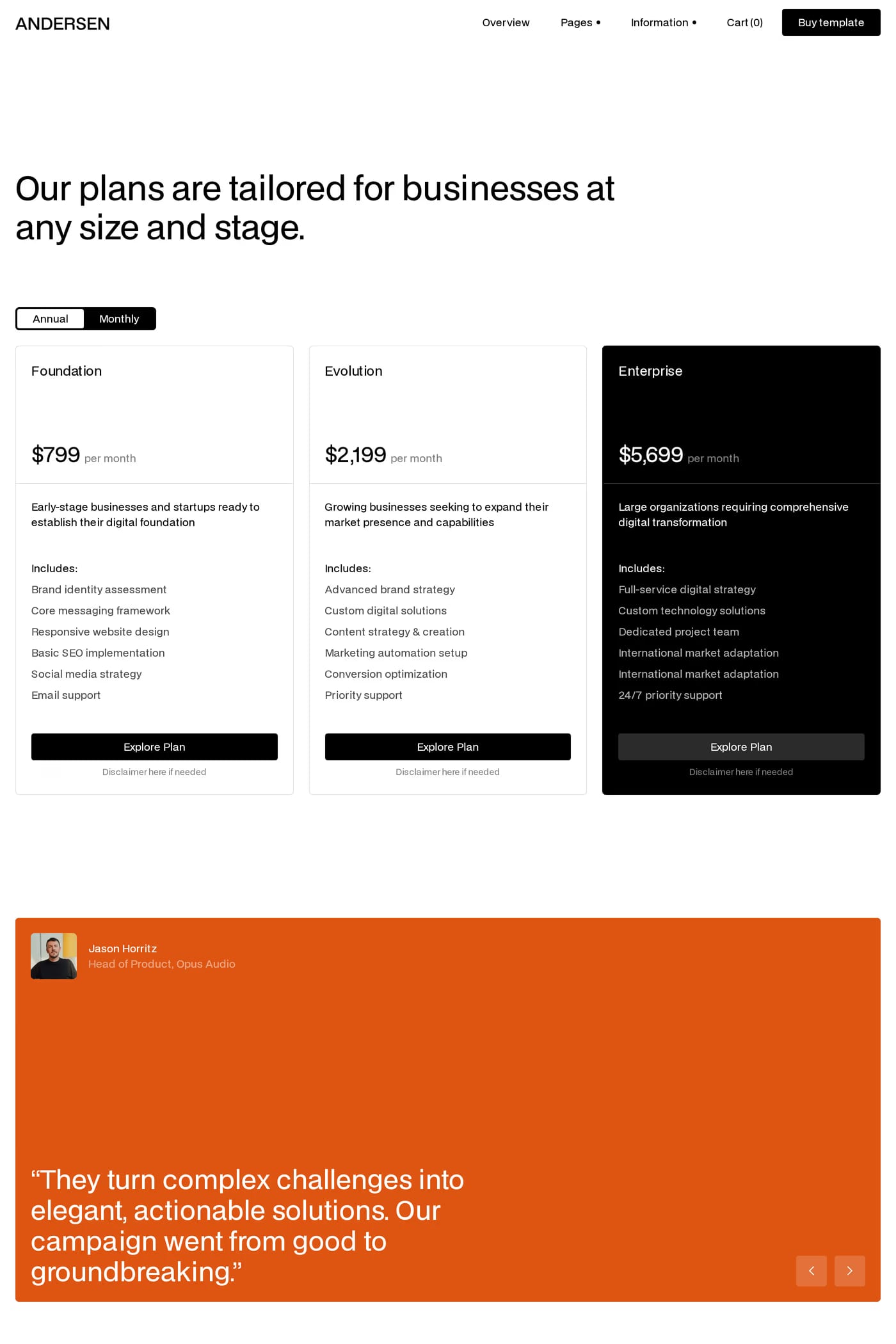 Andersen — screenshot of the pricing page