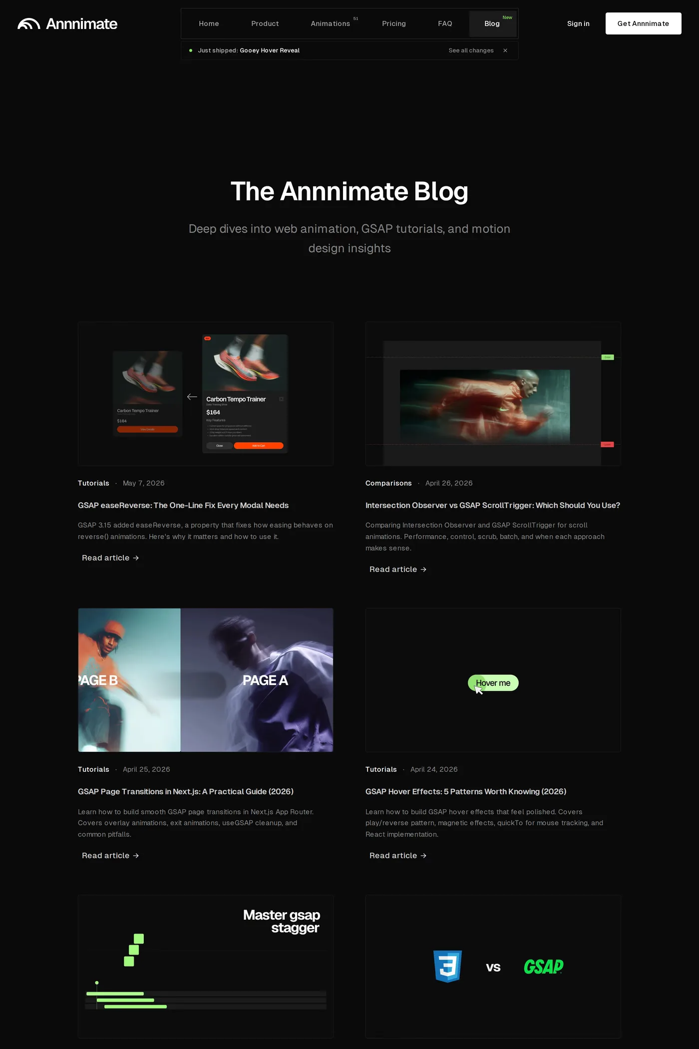 Annnimate — screenshot of the blog page
