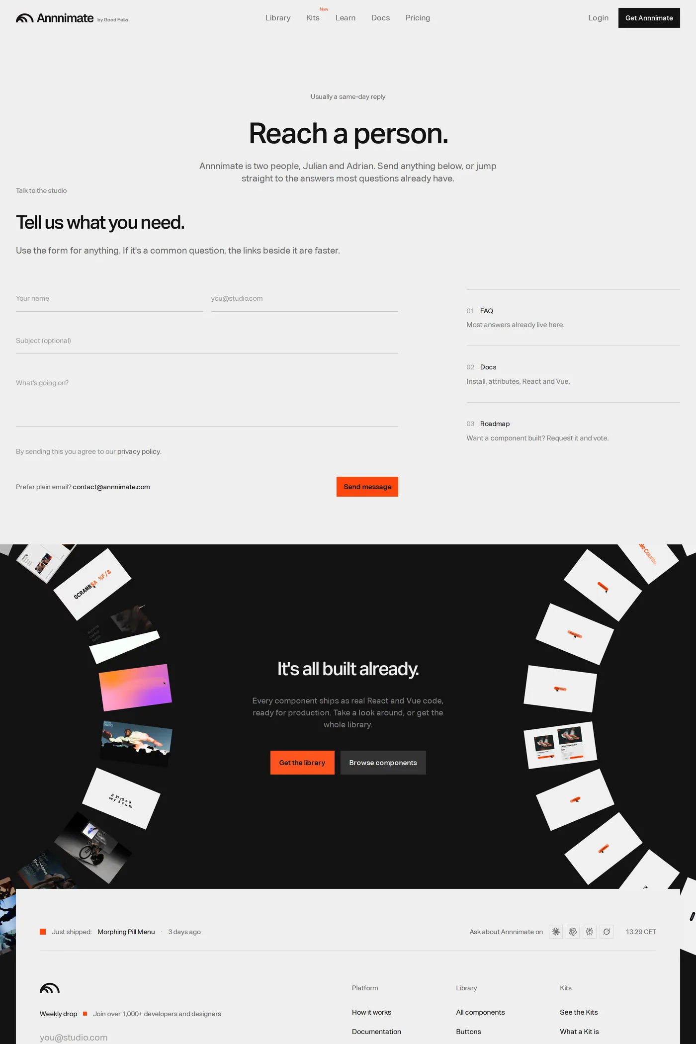 Annnimate — screenshot of the contact page