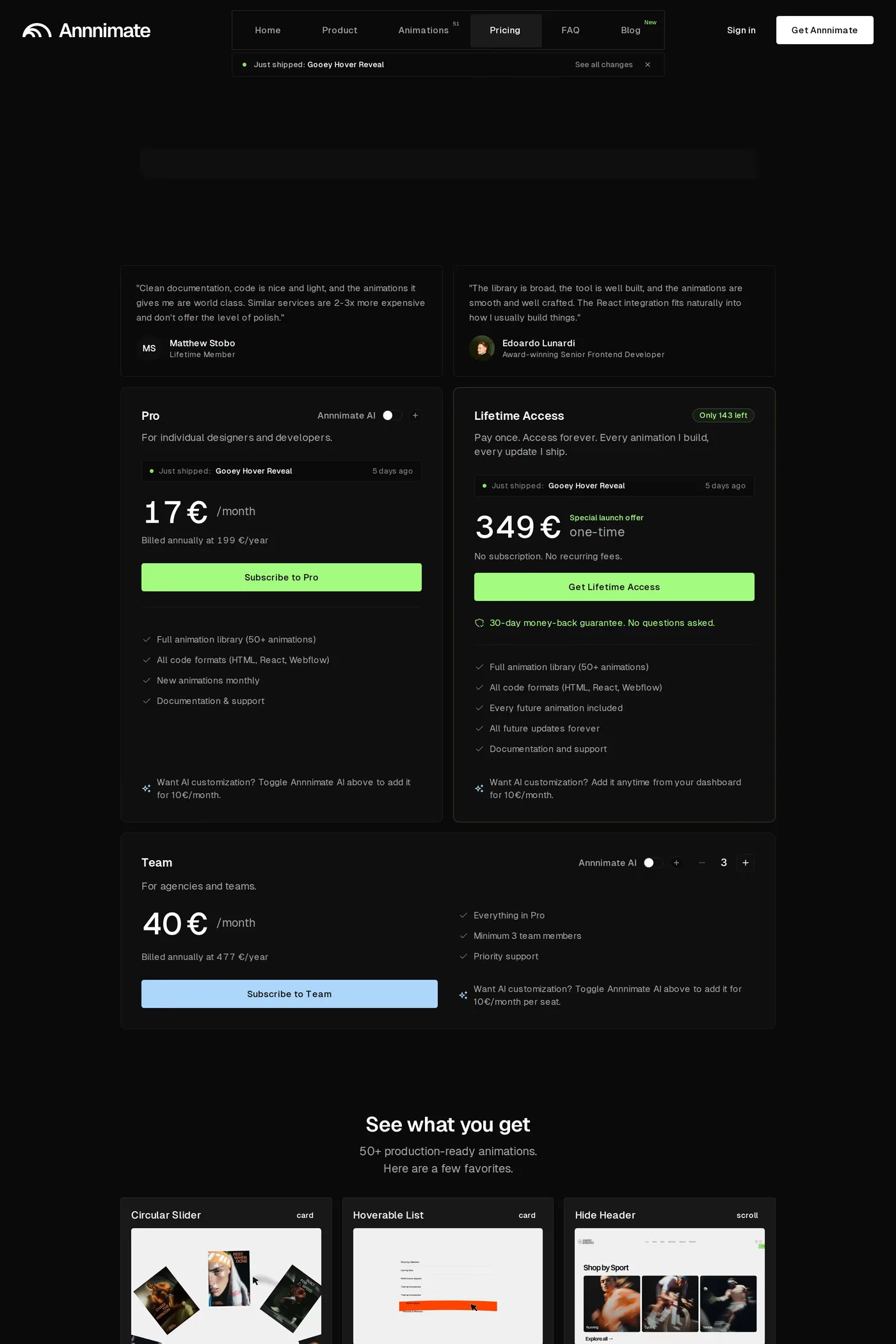 Annnimate — screenshot of the pricing page