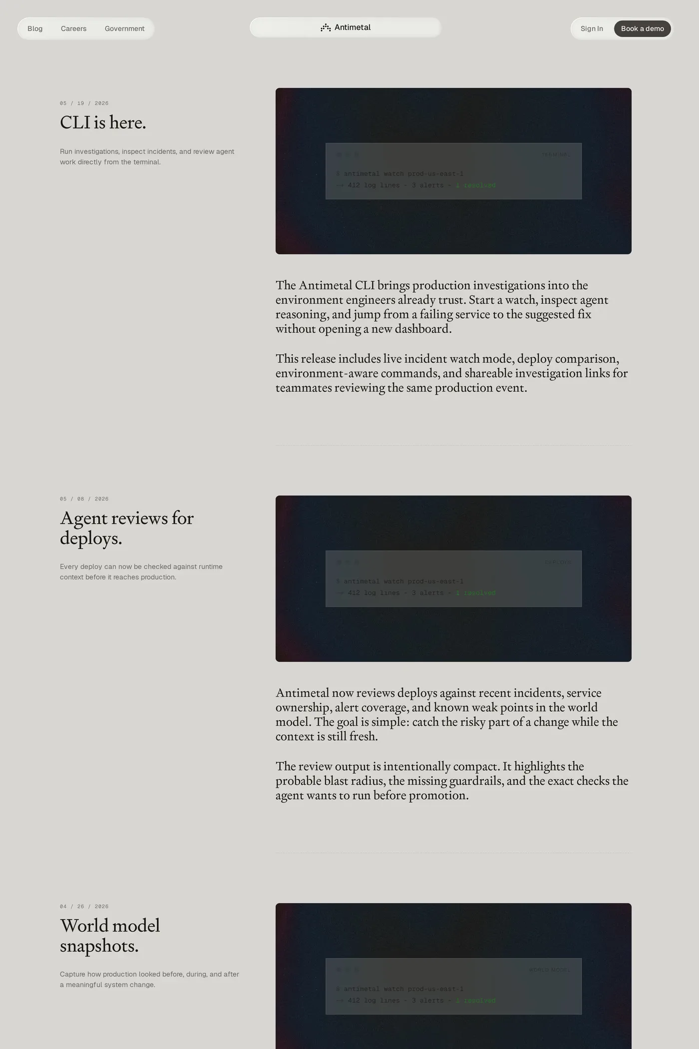 Antimetal — screenshot of the changelog page
