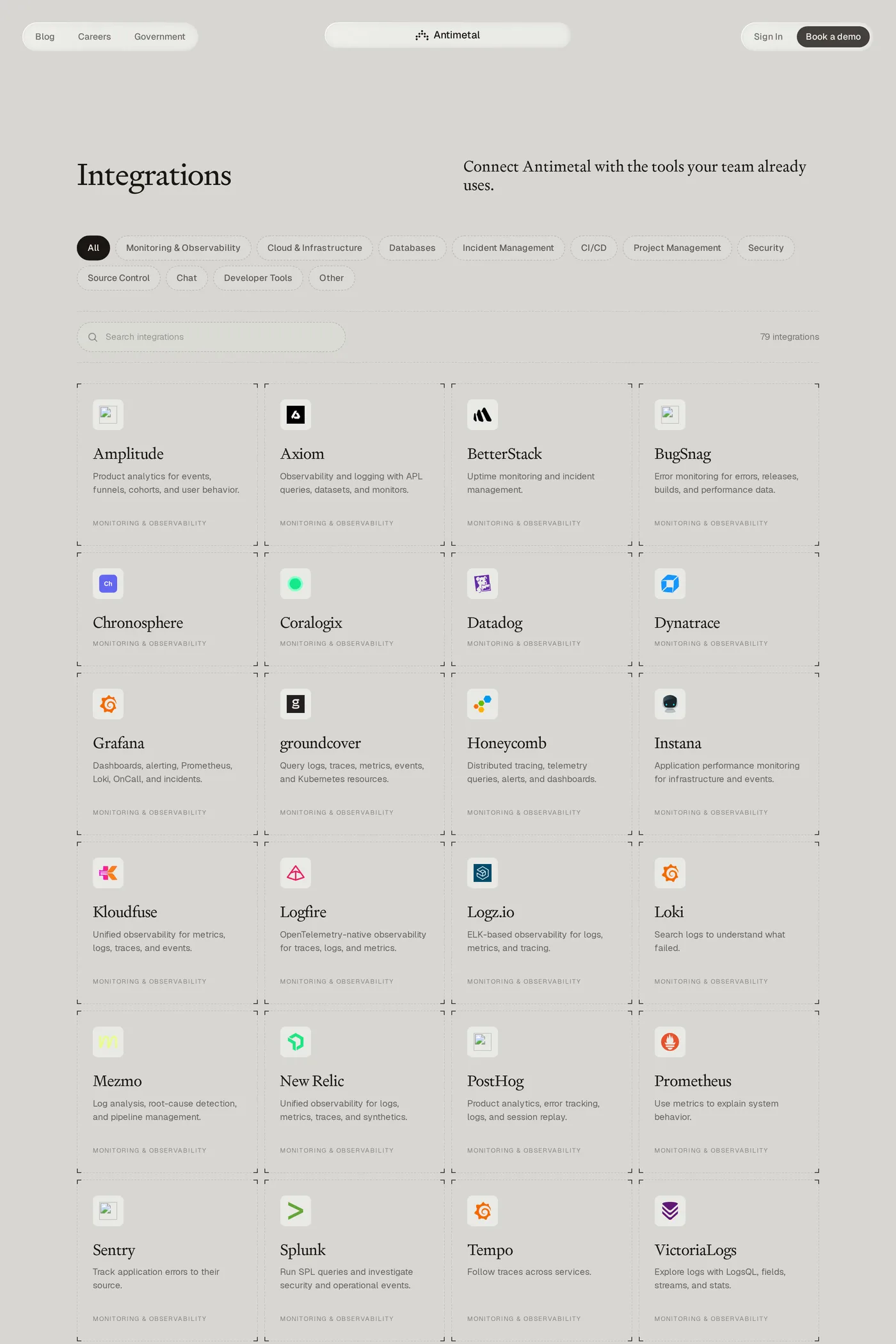 Antimetal — screenshot of the integrations page