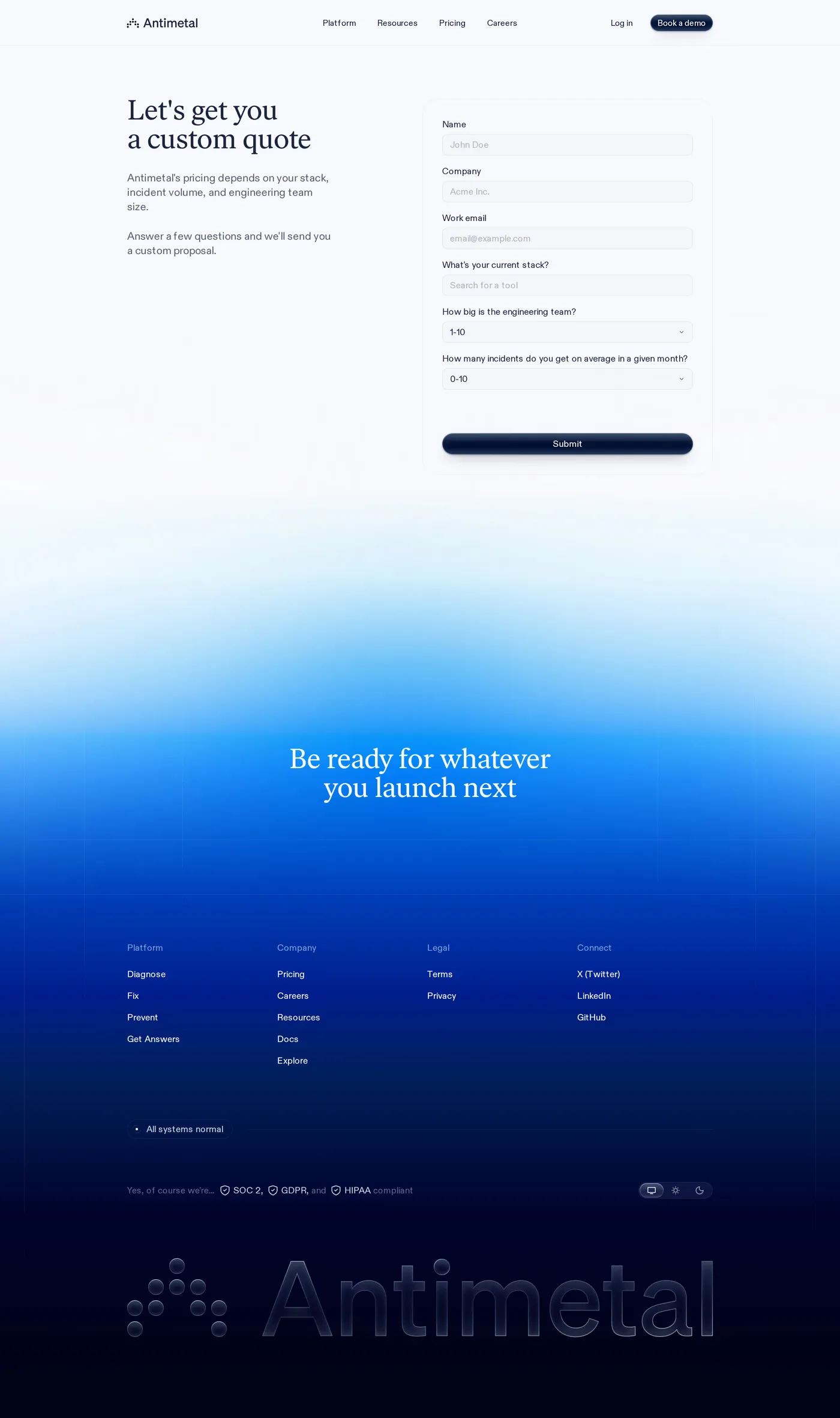 Antimetal — screenshot of the pricing page