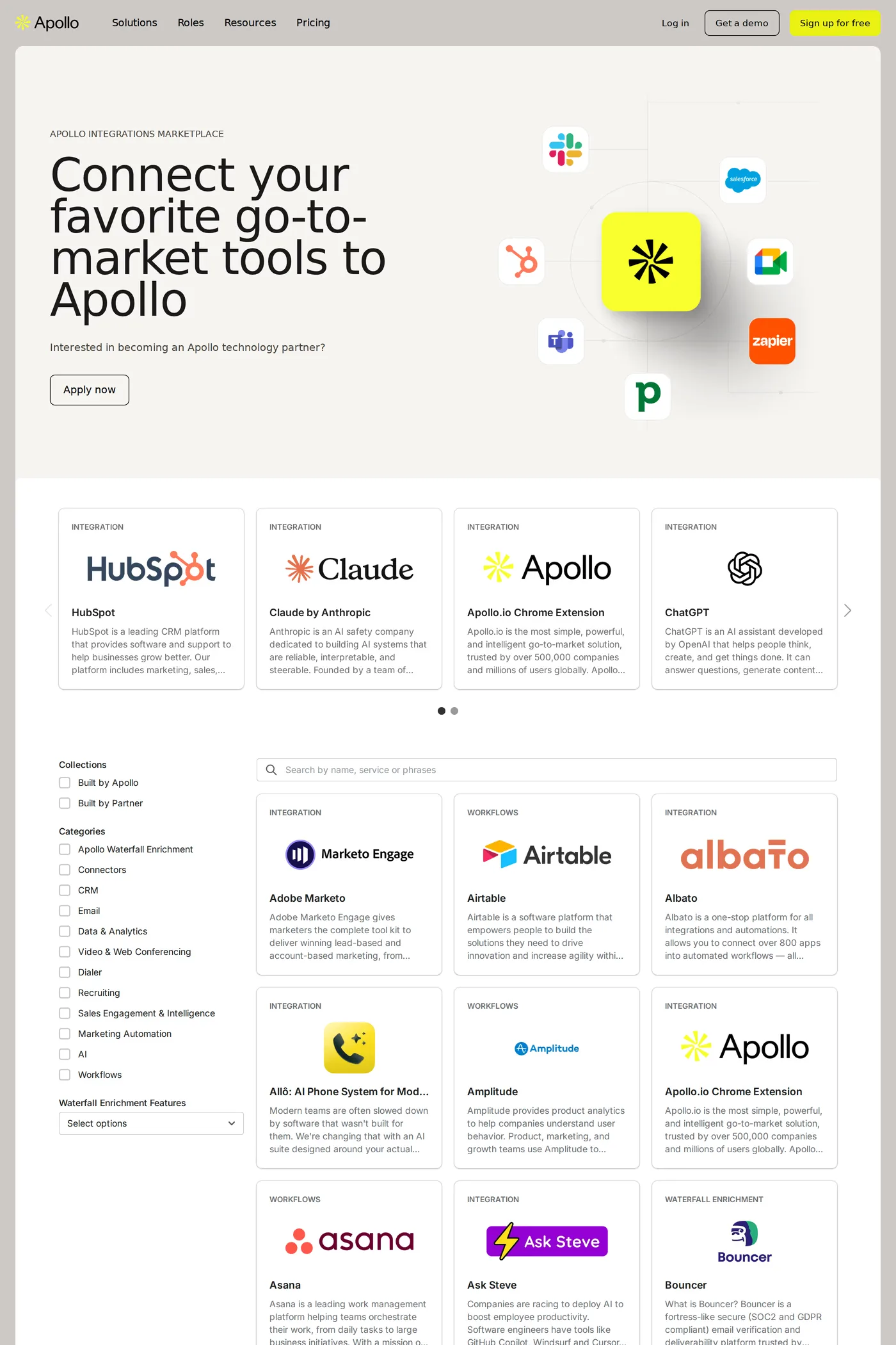 Apollo — screenshot of the integrations page