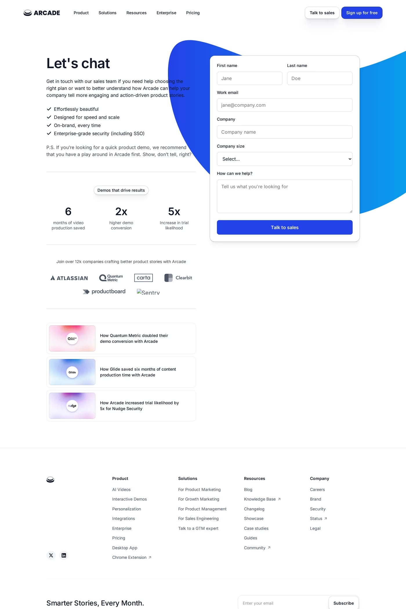 Arcade — screenshot of the contact page