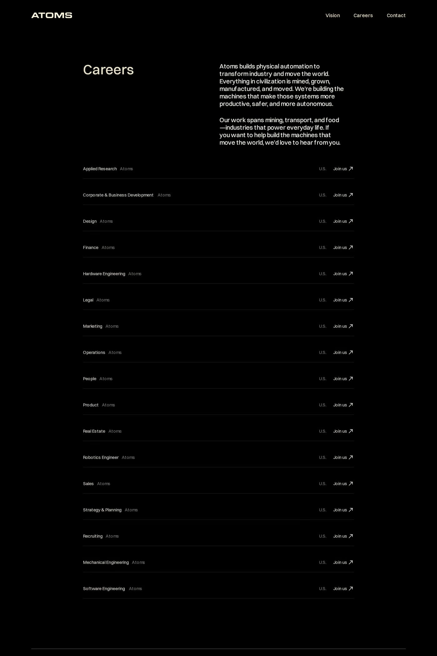 Atoms — screenshot of the careers page
