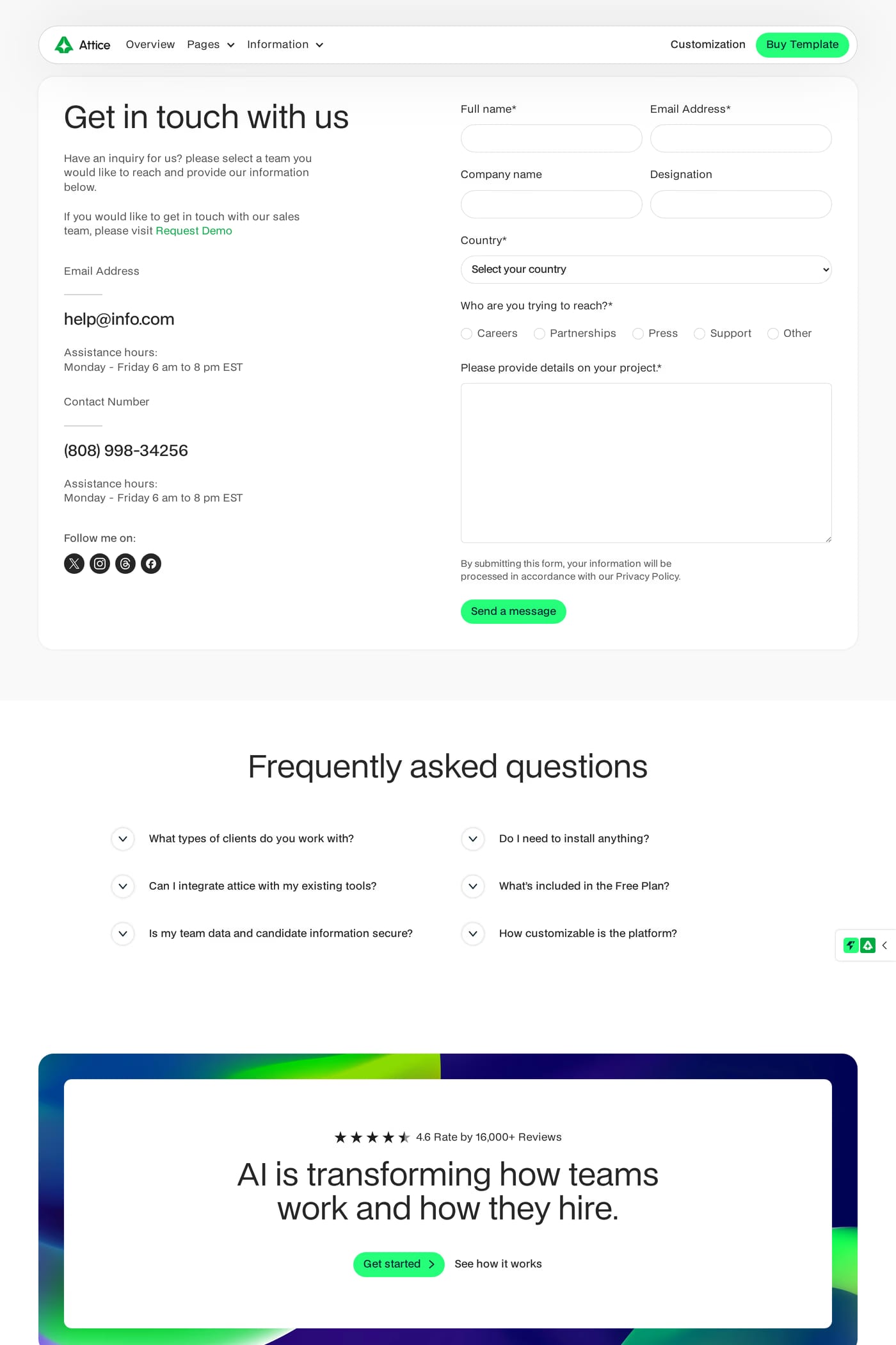 Attice — screenshot of the contact page