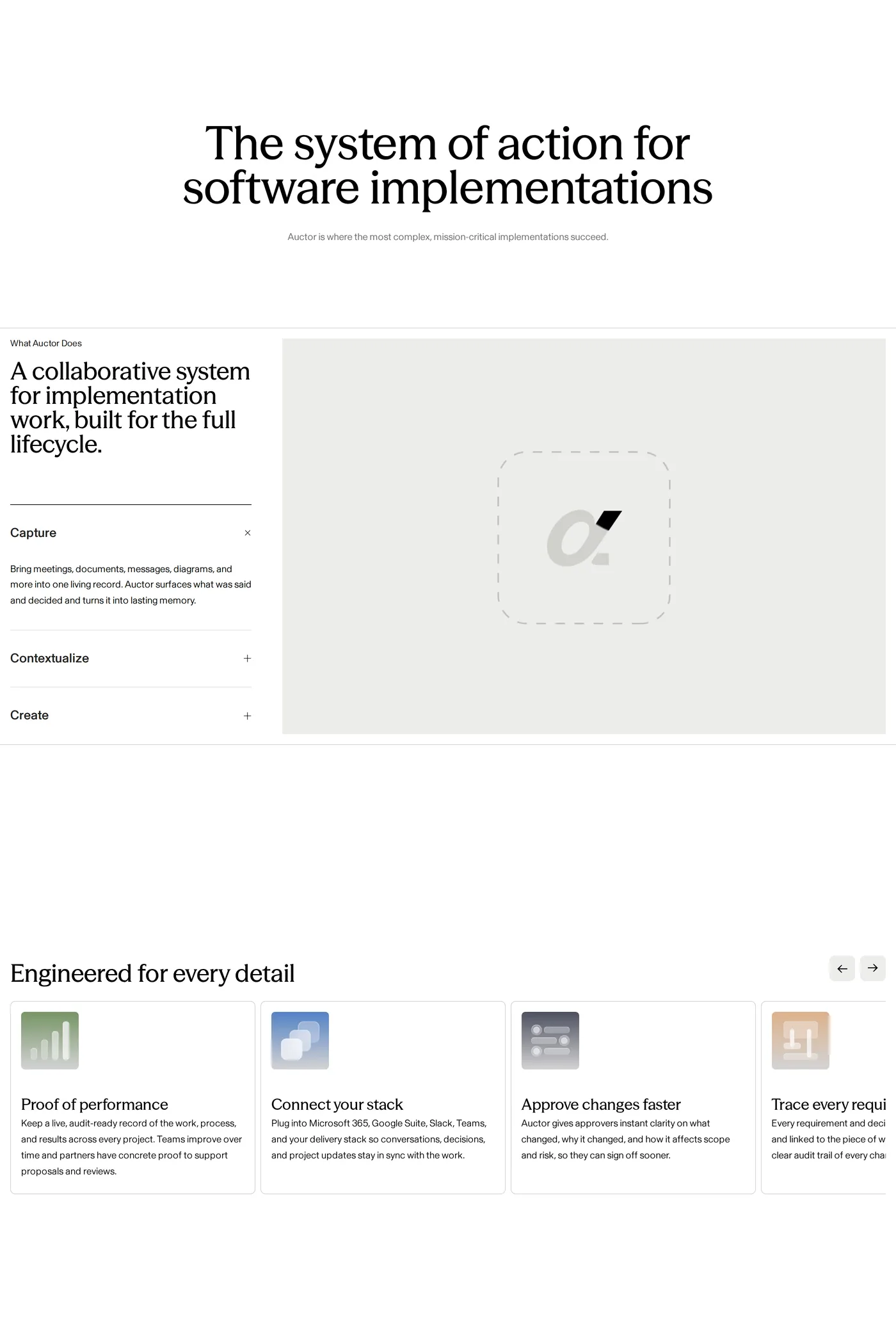 Auctor — screenshot of the features page