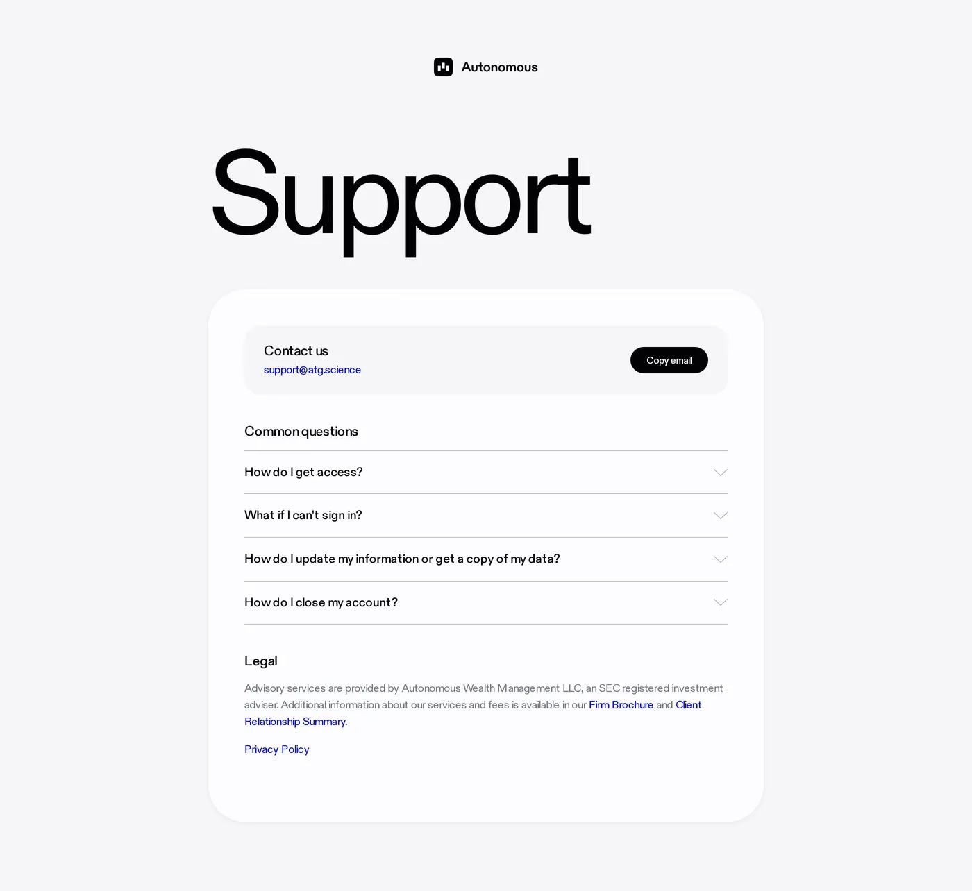 Autonomous — screenshot of the contact page
