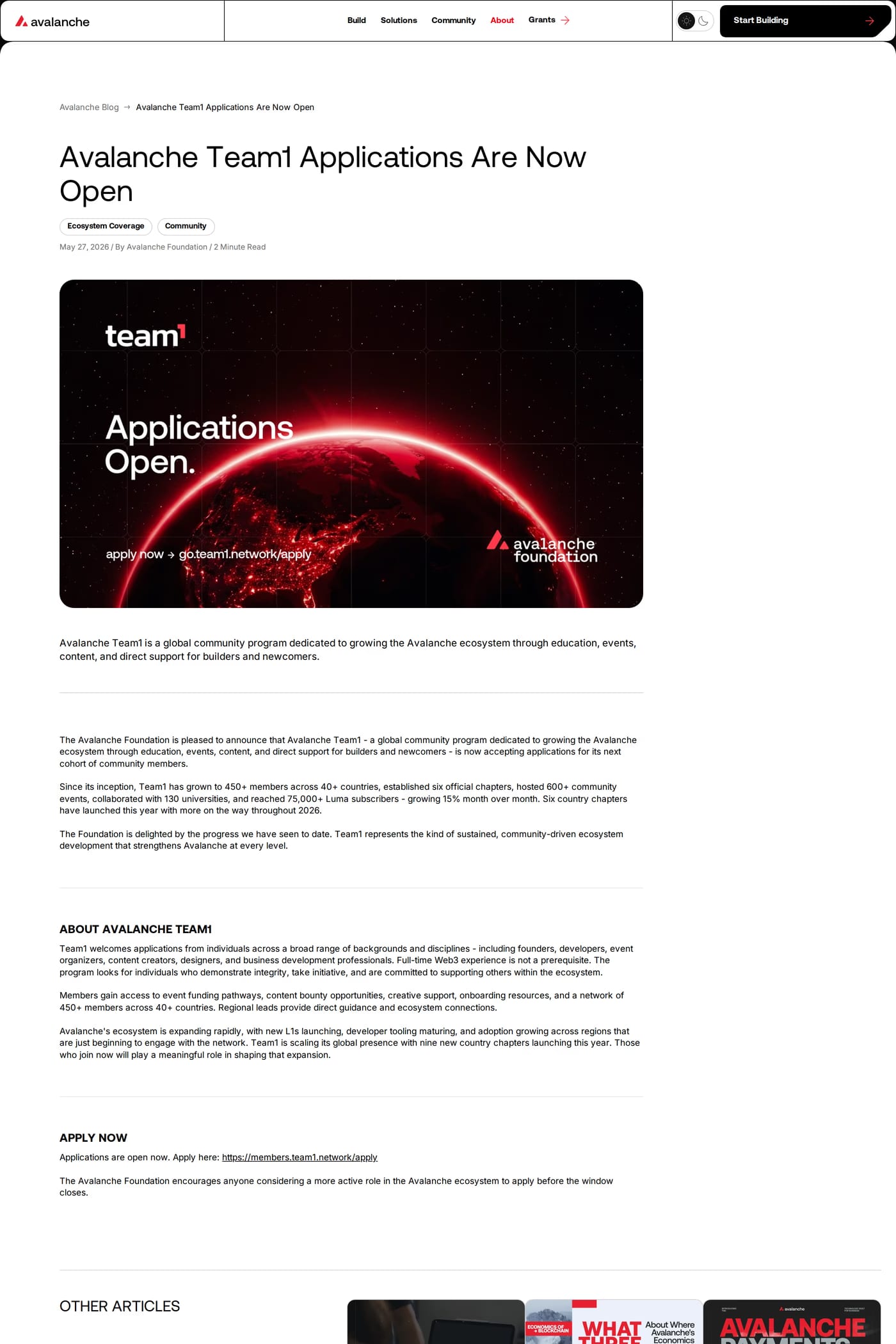 Avax.network — screenshot of the blog page