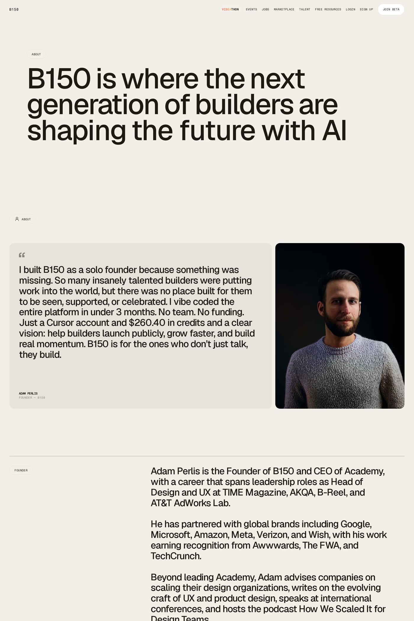 B150 — screenshot of the about page