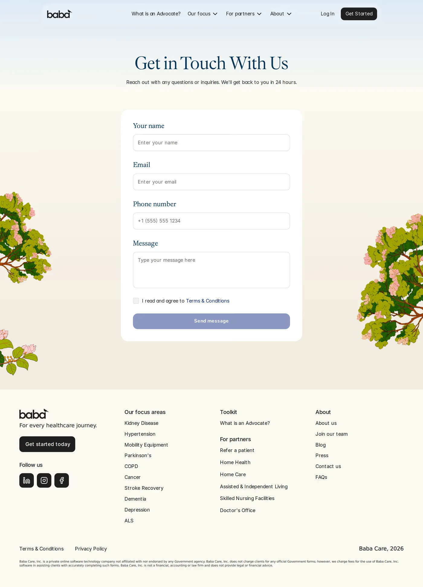Baba — screenshot of the contact page