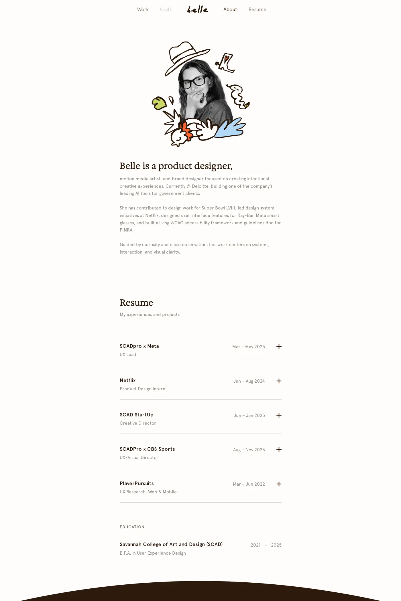 Belle Duffner — screenshot of the about page