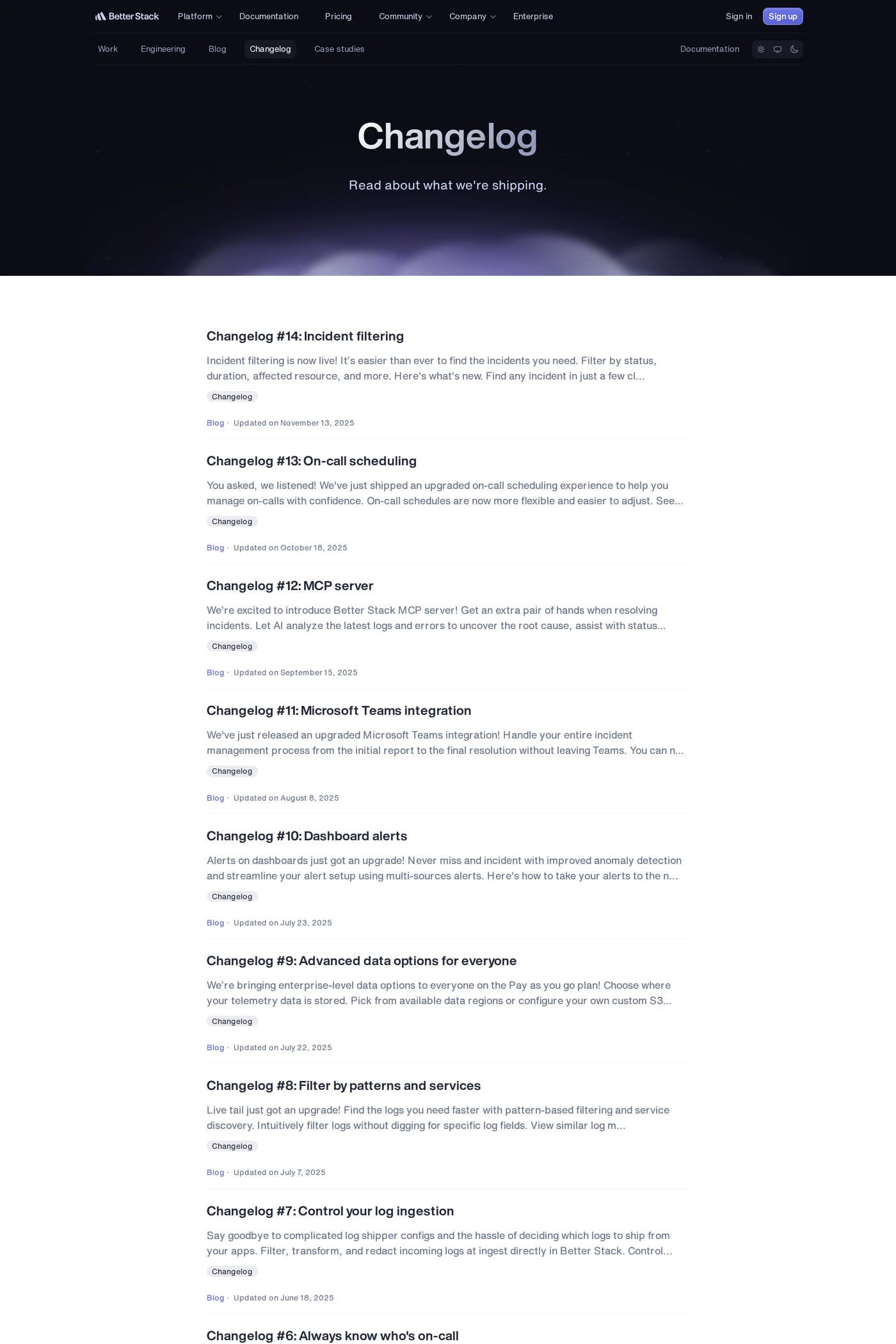 Better Stack changelog page