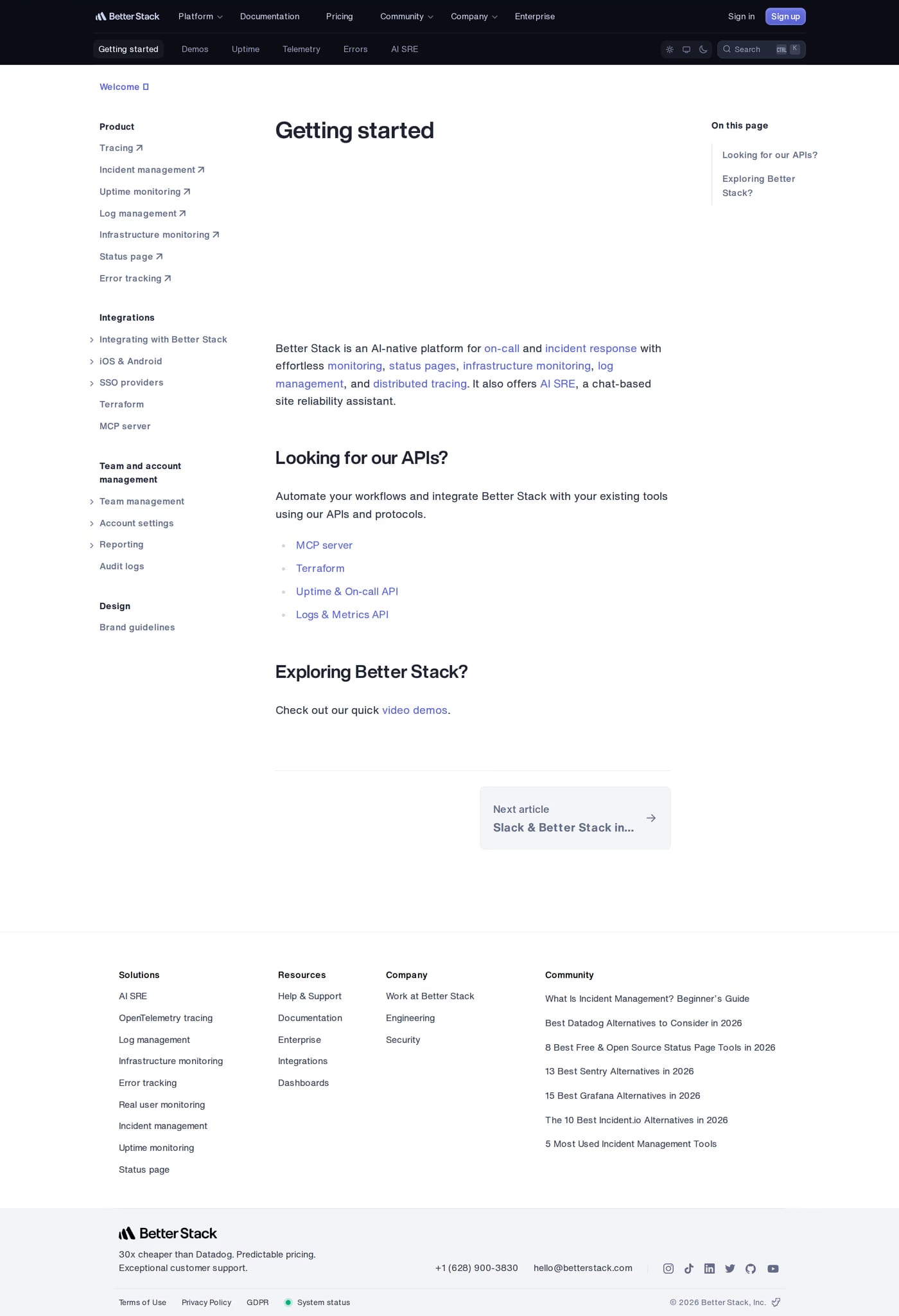 Better Stack docs page