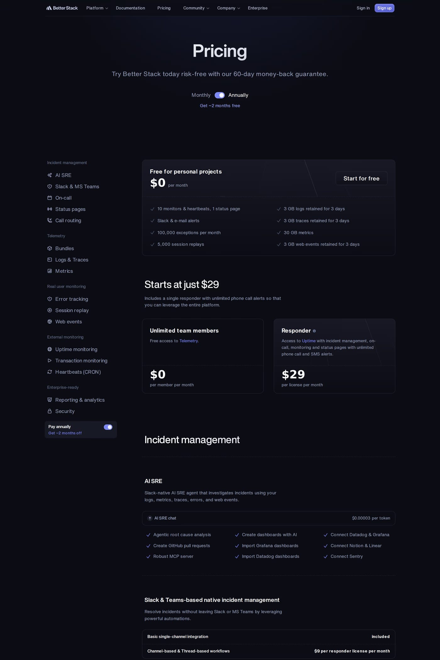 Better Stack pricing page
