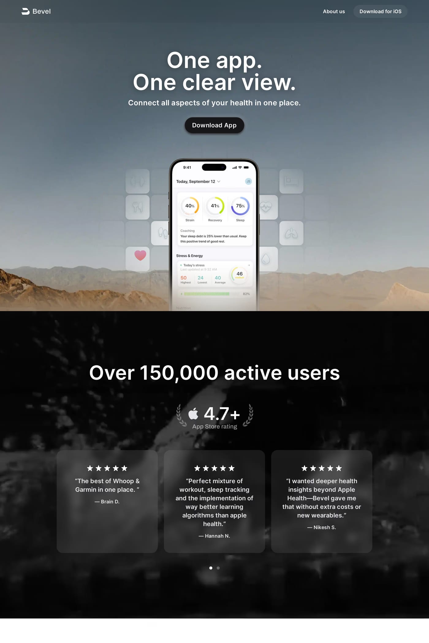 Bevel — screenshot of the features page