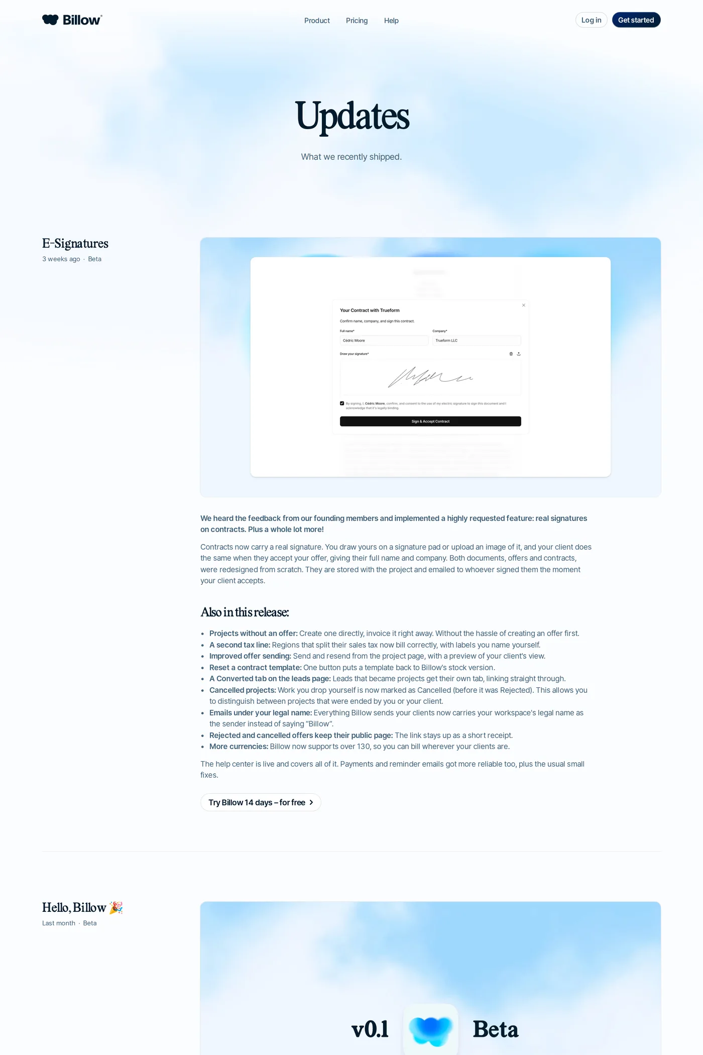 Billow — screenshot of the changelog page