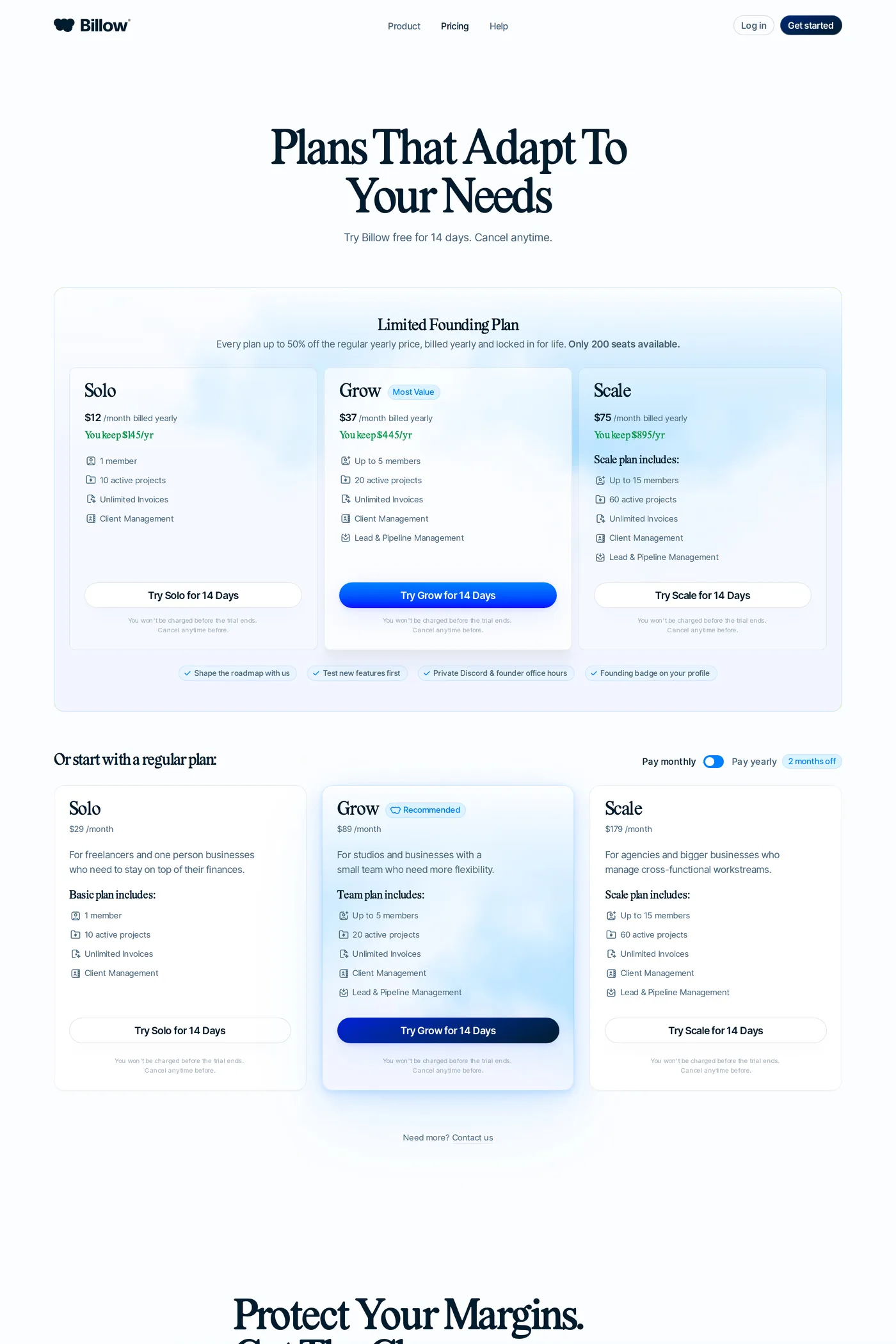 Billow — screenshot of the pricing page