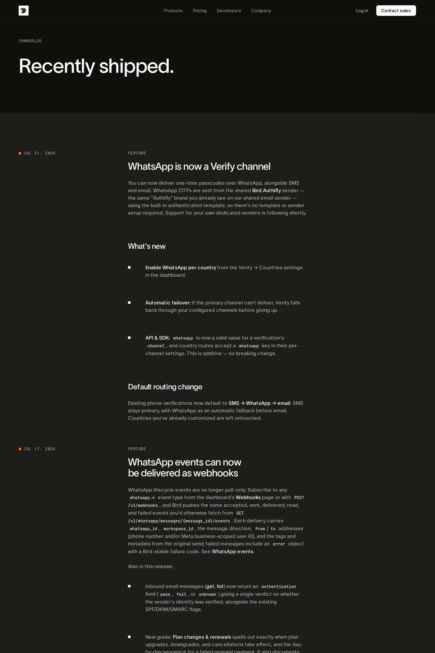 Bird — screenshot of the changelog page