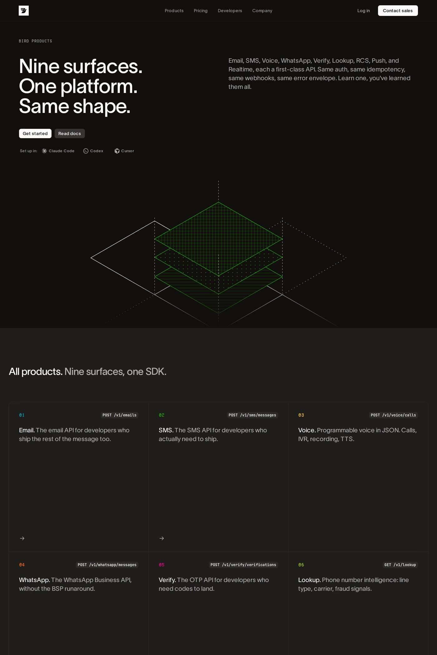 Bird — screenshot of the features page