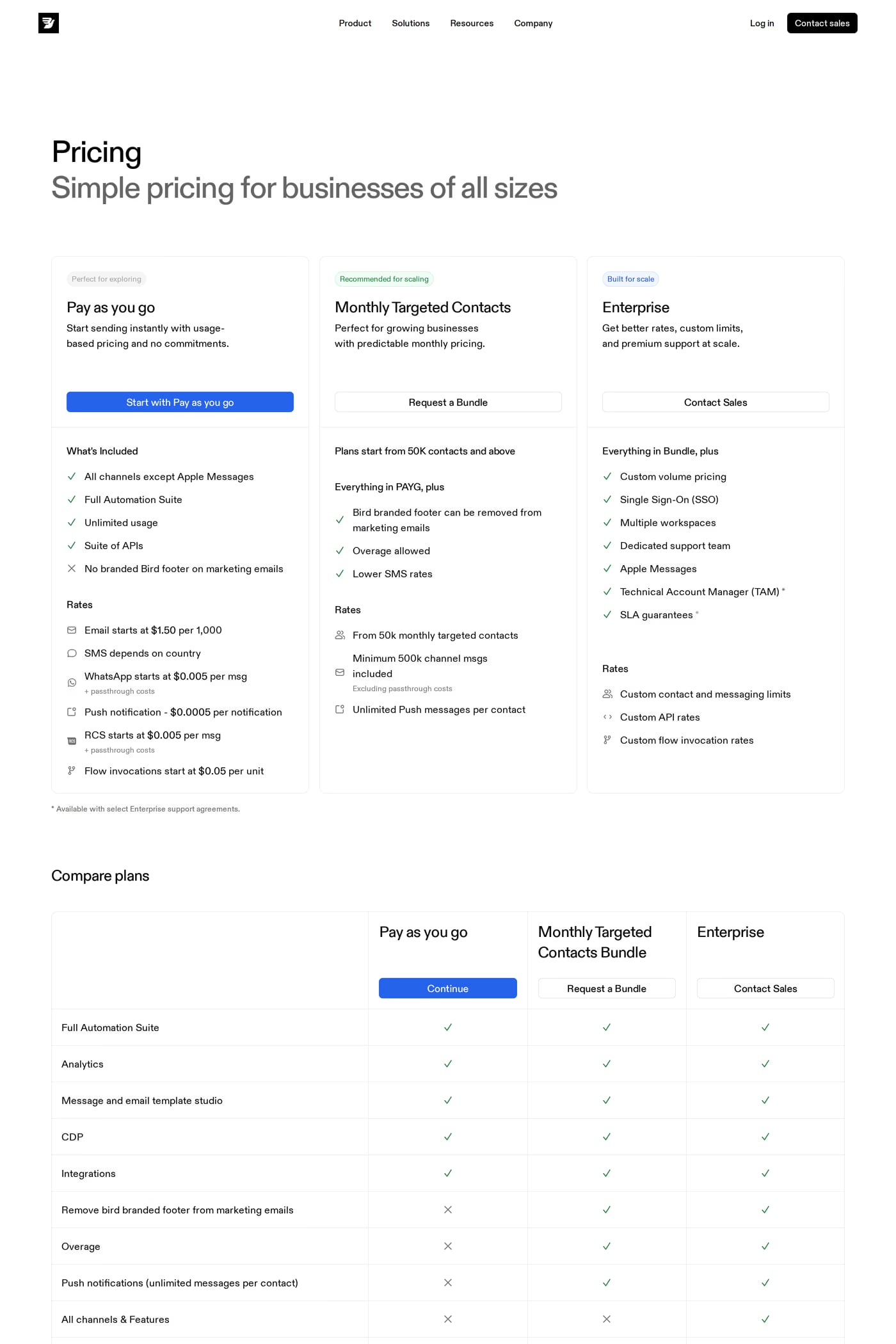 Bird — screenshot of the pricing page