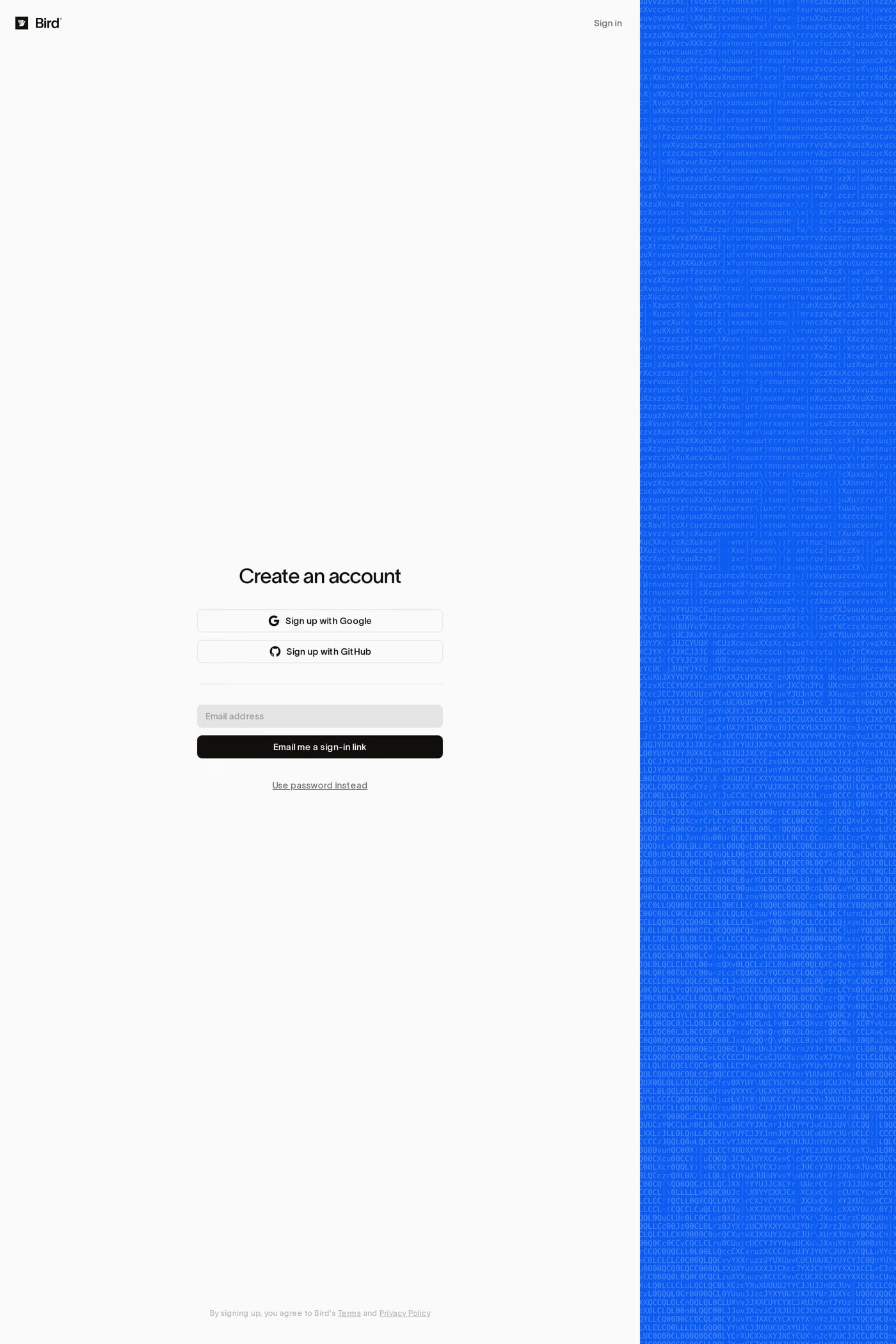 Bird — screenshot of the sign up page