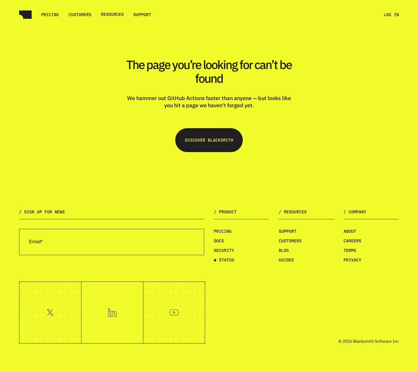 Blacksmith — screenshot of the 404 page